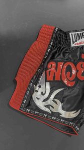 Lumpinee Satin Retro Muay Thai Fight Shorts Black with Red Mesh