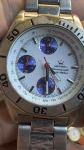 Đồng hồ nam hiệu MARSHAL QUARTZ size 405mmchạy 6 kim 3 cốt chronographthép đúc dây khóa zin dài 18cm đáy xoáy kết hợp núm vặn cổ chai cho độ kháng nước 10Barniềng và núm có cũ và xước theo thời gian