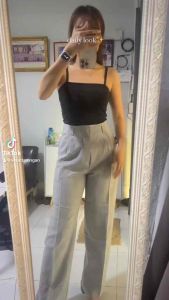 Amity Shop กางเกงเอวสูง ขากระบอกกลาง มีหูเข็มขัด