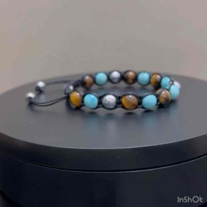 CW Manila - P0SEIDON Braided Bracelet - 8mm Turquoise Tigers Eye Stone and Silver Hematite - Semi-precious Adjustable Bracelets