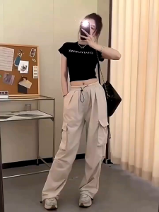 celana kargo wanita celana panjang Korean haighwaist Korean style dengan variasi serut