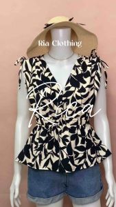 RICA V-neck Sleeveless w/ Ribbon Peplum Blouse Korean BKK Trendy Office Casual Women Top RiaClothing