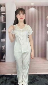 Quần áo nữ mặc nhà Đồ bộ nữ thiết kế cổ sen kép(có video) bộ mặc nhà vải satin mềm óng nhẹ mát 4 size(38-63kg)