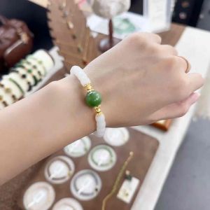 Russian White Nephrite Bracelet accented with Green Hetian Jade 俄白碧玉手串7mm