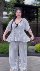 เซ็ตสาวอวบ ชุดเซท2ชิ้นสาวอวบอ้วน พลัสไซส์ ลายริ้วพรางหุ่น แฟชั่น ไซส์ใหญ่ อก40-52“