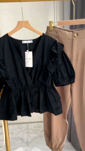 ●ECLAIRE● 043 Setelan Celana (Atasan Blouse dan Bawahan Celana panjang) Motif Polos Basic Kerja Kasual Casual Korea Mode Modis Santai Import 010