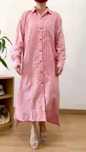 ●ECLAIRE● 0IS Dress Midi Kerah Kemeja Lengan Panjang Longsleeves Asimetris Asymmetric Motif Salur Stripe Garis-garis korea Kasual Casual Basic Dasar Kerja Imlek CNY Natal Christmas Merah IIXO