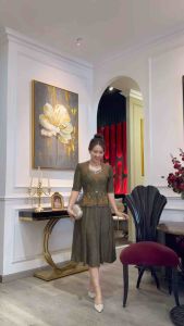 Đầm Đi Tiệc [ Salu store ] mã HL646 Dáng Lững Thun Nhũ Mịn Đính Đá DMC Cao Cấp Cổ Nữ Hoàng Size 50kg-75kg