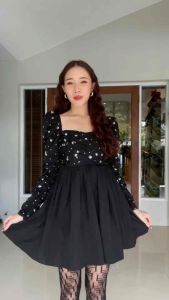 MG052-1022 : มินิเดรสสีดำ Black Sequin Taffeta Dress