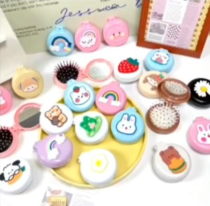 Cute Head Scalp Massage Air Cushion Combs | Foldable Pocket Mirror Hair Comb | Mini Hair Brush Cermin 折叠梳