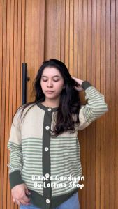 Cardigan Rajut Berkancing Motif Garis Lengan Panjang Wanita Oversize