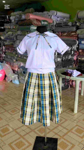 Joenel Brand Sailor Collar Blouse Ribiti Peach Twill / Green Yellow Checkered Skirt Box Pleats School Uniform Individual Price
