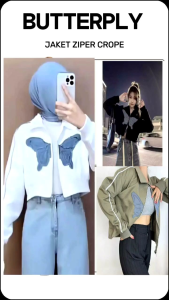JAKET CROPE BORDIER BUTTERFLY JAKET ZIPER CROP WANITA