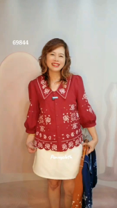 69844 เสื้อ A La Carte ปกเชิ้ตลินิน งานปักใหม่สไตล์ครอสติส สวยหรู มีซับใน แขน 3 ส่วน by PENNY CLOTH