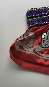 Ram Lumpini Satin Muay Thai Fight Shorts Red with Purple Waist Detail Small