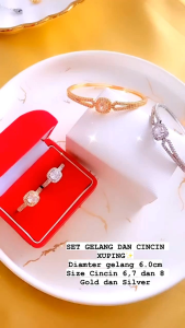 RinaXp- Set Gelang Bangle dan Cincin Motif Kotak Permata Zircon Xuping Lapis Emas