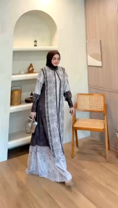 Gamis Set Outer Muslimah Premium MUDRA Royal Twish Mix Tansel Print | Baju Muslim Wanita Elegan Modest Dress Lebaran – Lilac / Emerald / Sage / Navy / Milo