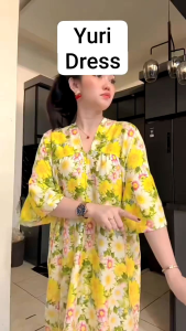 YURI DRESS KEKINIAN RESELETING DEPAN BAHAN RAYON DIAMOND DRESS WANITA LENGAN 3/4 SEMATAKAKI LD 120 CM