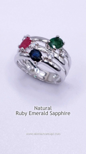 Three-Gemstone Natural Ruby Emerald and Blue Sapphire Silver Women’s Ring