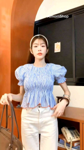 AimornShopp เสื้อสม็อคคอกลมลายริ้ว แขนตุ๊กตา ทรงระบาย น่ารักสุดๆ ผ้าใส่สบายมาก แมทช์ง่าย