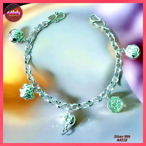 🌈AAbaby Galleries AA518 Original Baby S999 Silver Anklet Bracelet 5 Treasures五宝彩带葫产铃小孩脚链Gelang Bayi 