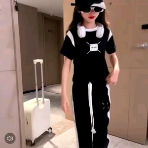 JS23 One set setelan anak perempuan lengan pendek celana panjang kulot kombinasi abu hitam / baju anak cewek usia tanggung