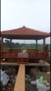 Gazebo Kolam Ukuran 4m x 4m kayu jati atap sirap genting tanah