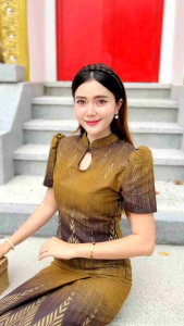 ชุดผ้าไทย ชุดแยย2ชิ้น ผ้าถุงป้ายซิบข้าง เสื้อคอจีนซิบหลังผ้าฝ้ายพิมพ์ทองอัดกาวทั้งชุด