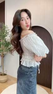 MEMMO TOP เสื้อแขนบอลลูนลายPolkadot ผ้าโรซี่ ผูกโบว์อก