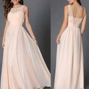 Champagne Coral Lace Chiffon Long Evening Gown | Elegant Formal Dress | Small | US Imported