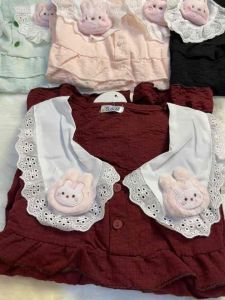 Set Bộ Pyjama Bộ Mặc Nhà Tay Cộc Quần Đùi Cổ Bèo Đính Thỏ Bông Đáng Yêu Chất Đũi Mềm Mát Áo Cộc Quần Đùi