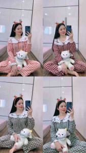 Bộ Pyjama Kẻ Nhung Dài Tay Cổ Bèo Phối Ren Tiêu Thư Xinh Xắn