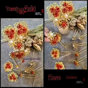TUSUK SANGGUL GOLD 3 ROSE PREMIUM & AKSESORIS KONDE PERMATA