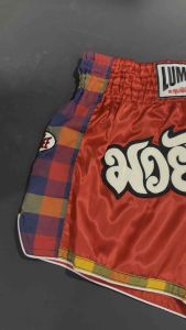 Lumpinee Satin Retro Muay Thai Fight Shorts Red with Checkered Mesh Detail