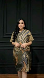 Dress Batik Lengan pendek terbaru motif Manggar Merah Gagak abu