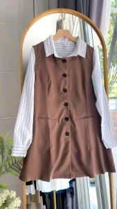 ●ECLAIRE● 043 Dress Mini 2in1 (Inner Kemeja dan Outer Dress) Garis Salur Stripe Korea Kasual Casual Imut Santai Import olm