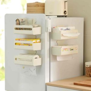 Magnetic Fridge Paper Towel Holder Strong Magnet Tissue Box Kitchen Organizer Rack Wall Mount No Drill Space Saving Storage Fits Most Paper Towels Wet Wipes Bathroom Shelf