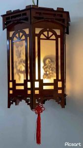 Đèn kéo quân gỗ cao 38cm sài điện( hình quay Tranh Đông Hồ)