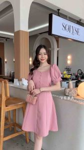 Judy dress เดรสออกงานดึงยางไหล่เเขนสั้น เเต่งกระดุมผ้าด้านหน้า5 เม็ด ป้าย VERA