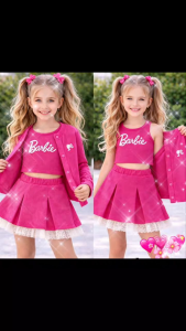 Cute 3in1 Outfit for 1-10 yrs old. Pink crop top cardigan skirt set.Suitable for casual wear.