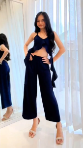 Girls Elegant Ruffle Terno Set — Spaghetti Strap Crop Top + Wide Leg Pants 2-Piece Coordinate Outfit