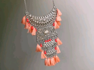 DaVee Fancy western look Orange pink tassel Ethnic Bohemian style silver necklace