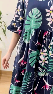 ●ECLAIRE● 003 Dress Loose Katun Adem Vneck Lengan Pendek Shortsleeves Tiered Susun Motif Daun Floral Leaf Flower Bunga Import smoog