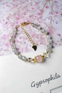 ￼Gelang Tangan Kristal Suasa Emas Natural Crystal Faceted Grey Moonstone with Rose Quartz Bracelets 纯天然水晶刻面灰月光石配粉晶手链