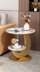 Kệ bàn góc Sofa phòng khách 2 mặt đá tròn chân kim loại hình chữ J BG-32 sang trọng hiện đại