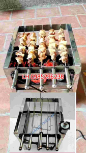 Bếp nướng than hoa inox máy nướng thịt chả lò quay gà vịt mini mô tơ tự động - Tặng 5 xiên đơn 1 xiên 3 inox