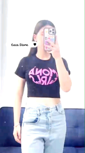 Moná Áo Croptop Ôm Body Thun Cotton Lụa Mát Mịn Mona Girl Laca Store áo thun croptop ngắn tay in chữ Sắc Nét E5-2