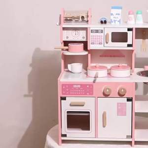 JewelRaes Chloe Pink Coffee Kitchen Playset for Kids Wooden Play Kitchen with Coffee Maker & Utensils