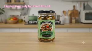 Spanish Sardines in Olive Oil Sealed Seafoods Venture. Key attributes: glass jar olive oil sardines garnished toast green olives. Fit/use: appetizer Mediterranean cuisine. Scene: kitchen table window view.