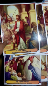 14 STATIONS OF THE CROSS (14 pcs. set) LAMINATED ENGLISH / TAGALOG / BISAYA 8.4X11 INCHES A4 SIZE